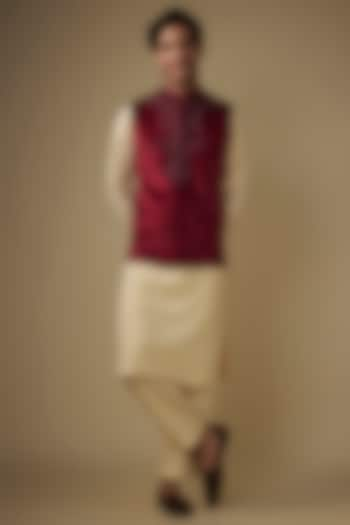 Maroon Velvet Hand & Machine Embroidered Bundi Jacket Set by AJAY KMR at Pernia's Pop Up Shop