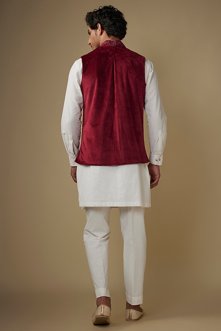 Maroon Velvet Abstract Printed & Hand Embroidered Bundi Jacket by AJAY KMR at Pernia's Pop Up Shop