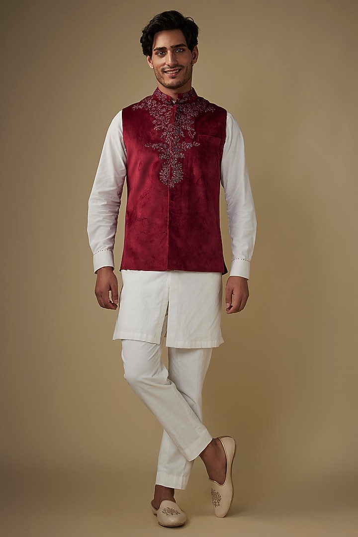 Maroon Velvet Abstract Printed & Hand Embroidered Bundi Jacket by AJAY KMR at Pernia's Pop Up Shop