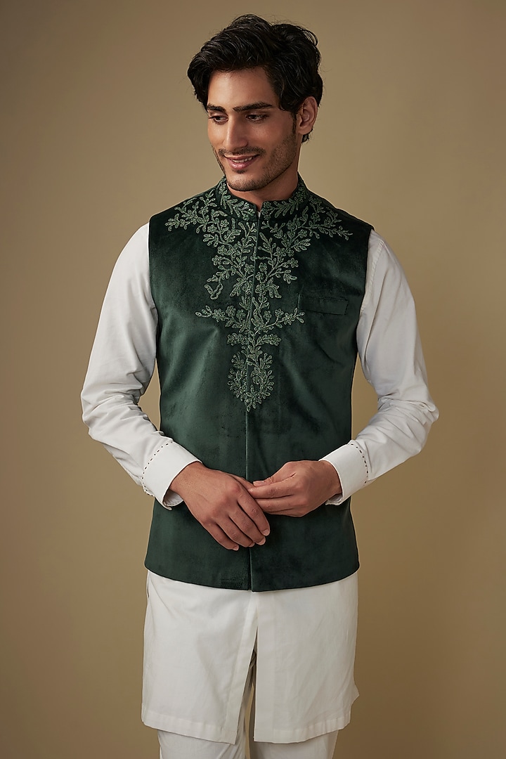 Green Velvet Abstract Printed & Hand Embroidered Bundi Jacket by AJAY KMR at Pernia's Pop Up Shop