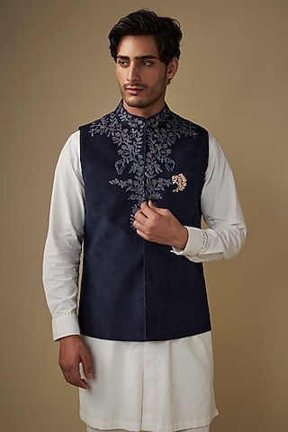 Blue Velvet Abstract Printed & Hand Embroidered Bundi Jacket by AJAY KMR