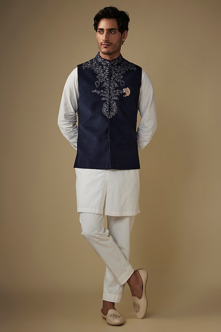 Blue Velvet Abstract Printed & Hand Embroidered Bundi Jacket by AJAY KMR at Pernia's Pop Up Shop