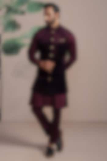 Wine Velvet Embroidered Wedding Indowestern Set by AJAY KMR at Pernia's Pop Up Shop