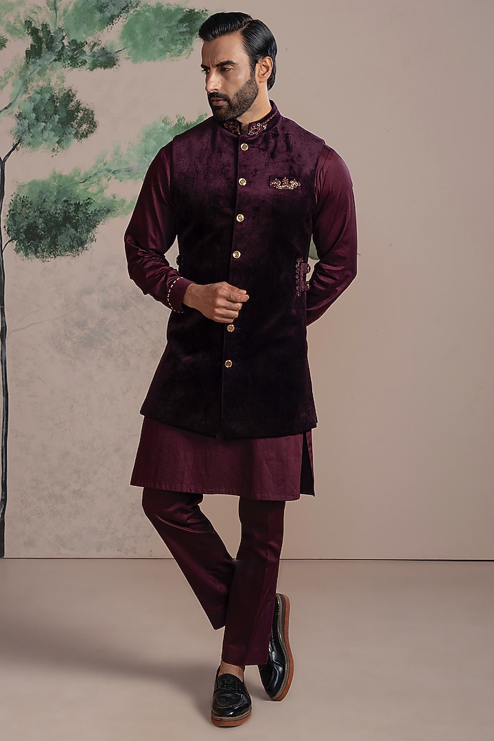 Wine Velvet Embroidered Wedding Indowestern Set by AJAY KMR at Pernia's Pop Up Shop