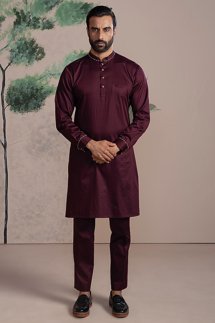Wine Velvet Embroidered Wedding Indowestern Set by AJAY KMR at Pernia's Pop Up Shop