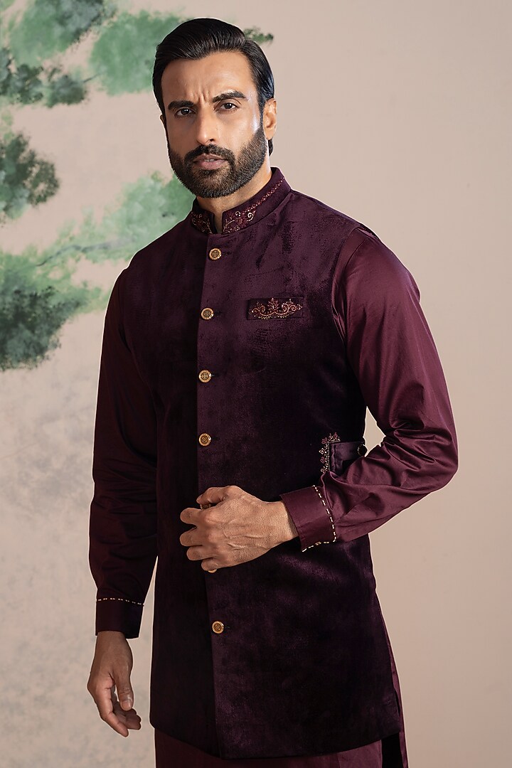 Wine Velvet Embroidered Wedding Indowestern Set by AJAY KMR at Pernia's Pop Up Shop