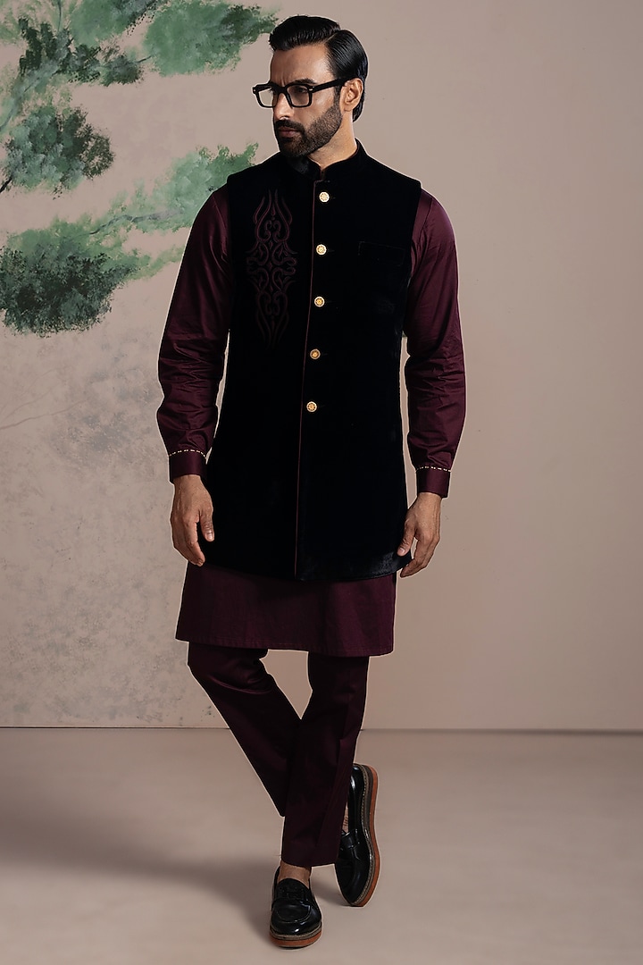 Wine Velvet Embroidered Wedding Indowestern Set by AJAY KMR at Pernia's Pop Up Shop
