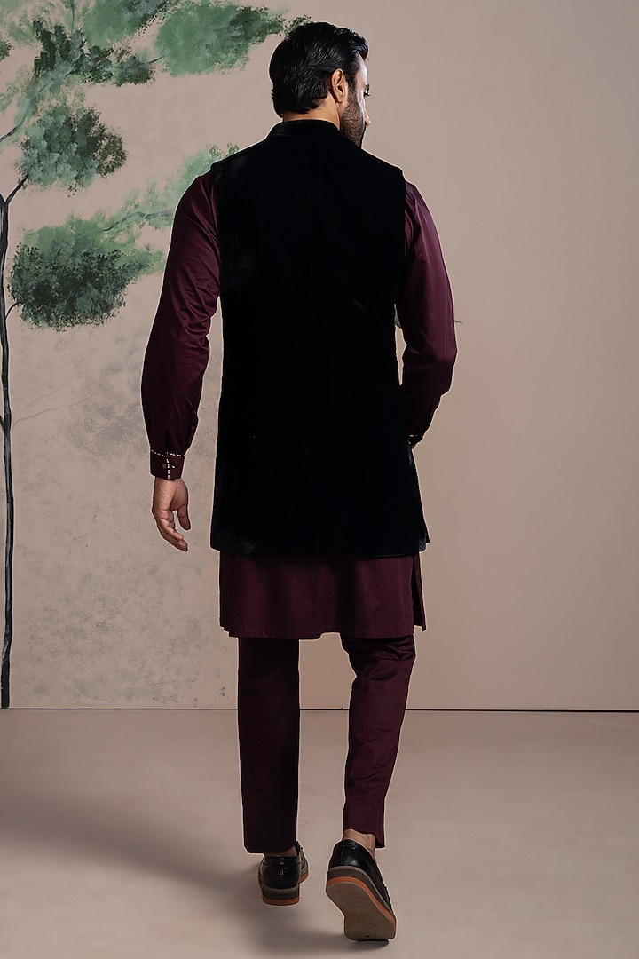 Wine Velvet Embroidered Wedding Indowestern Set by AJAY KMR at Pernia's Pop Up Shop