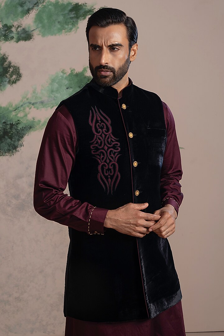 Wine Velvet Embroidered Wedding Indowestern Set by AJAY KMR at Pernia's Pop Up Shop
