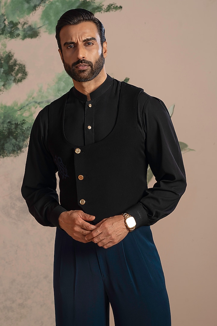 Black Armani Suiting Waistcoat Set by AJAY KMR at Pernia's Pop Up Shop