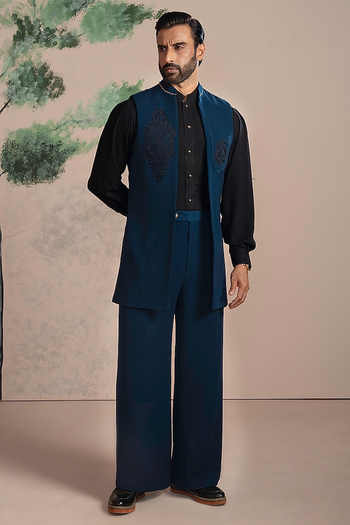 Black & Turquoise Armani Suiting Embroidered Indo-Western Set by AJAY KMR at Pernia's Pop Up Shop