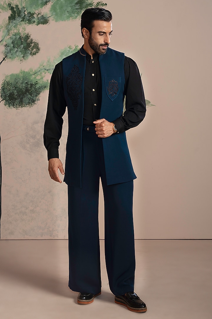 Black & Turquoise Armani Suiting Embroidered Indo-Western Set by AJAY KMR at Pernia's Pop Up Shop