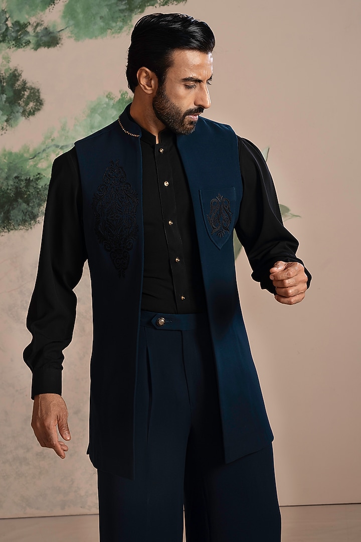 Black & Turquoise Armani Suiting Embroidered Indo-Western Set by AJAY KMR at Pernia's Pop Up Shop