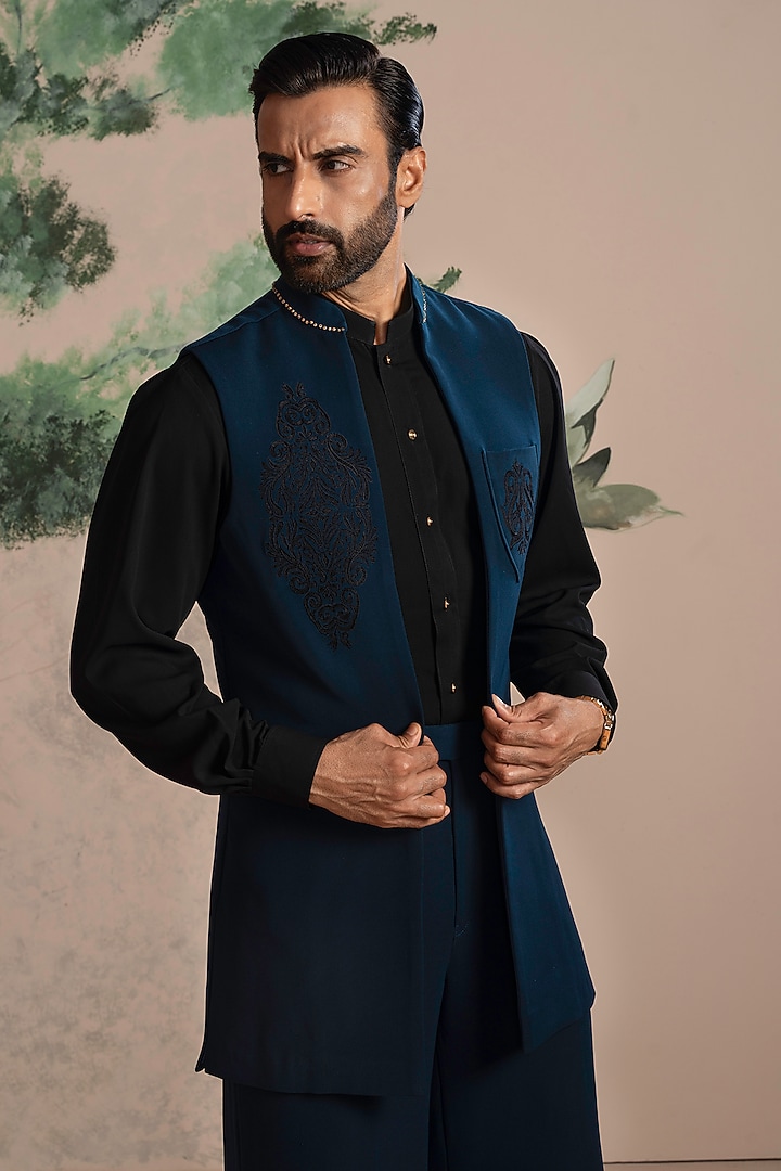 Black & Turquoise Armani Suiting Embroidered Indo-Western Set by AJAY KMR at Pernia's Pop Up Shop