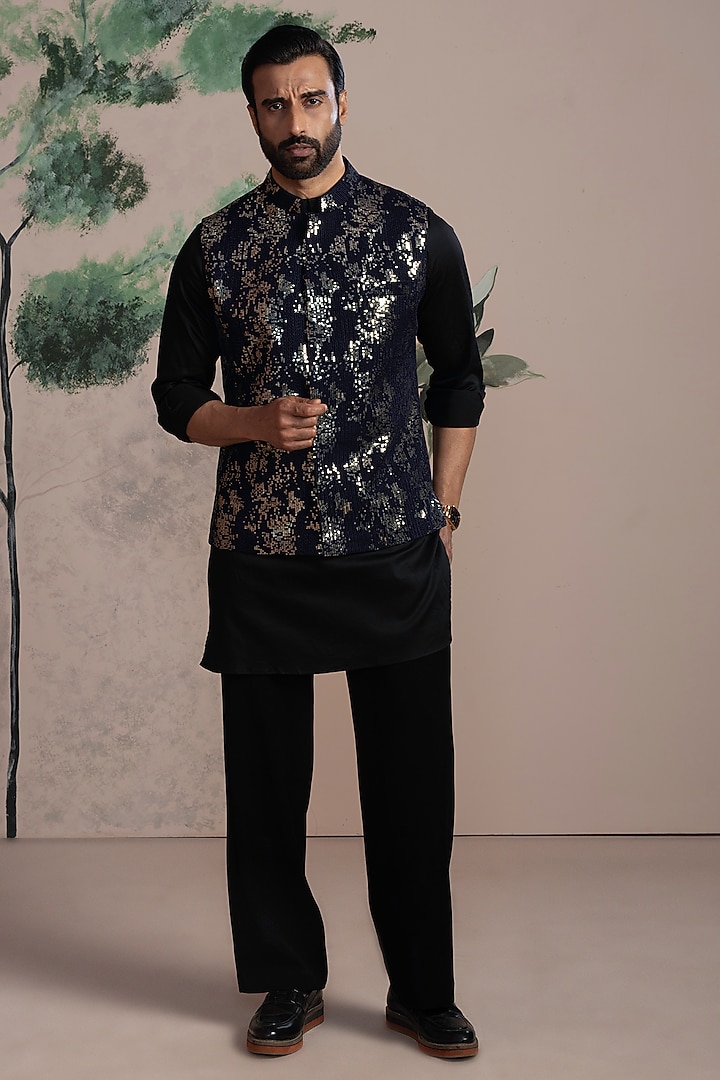 Blue Sequins & Cotton Satin Embroidered Nehru Jacket Set by AJAY KMR at Pernia's Pop Up Shop