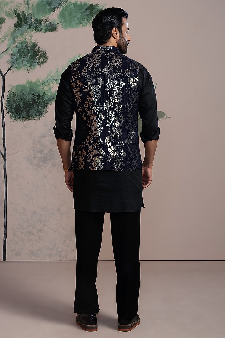 Blue Sequins & Cotton Satin Embroidered Nehru Jacket Set by AJAY KMR at Pernia's Pop Up Shop