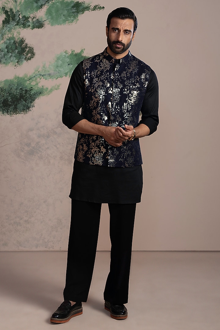 Blue Sequins & Cotton Satin Embroidered Nehru Jacket Set by AJAY KMR at Pernia's Pop Up Shop