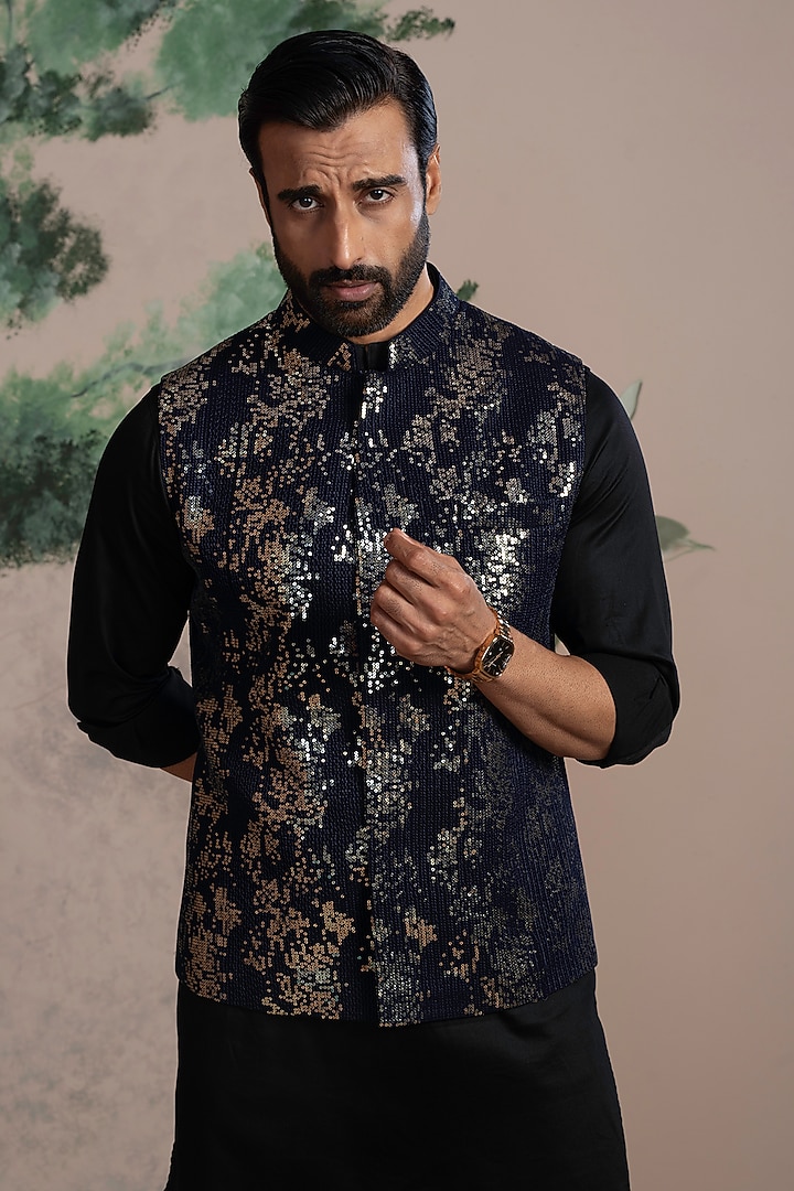 Blue Sequins & Cotton Satin Embroidered Nehru Jacket Set by AJAY KMR at Pernia's Pop Up Shop
