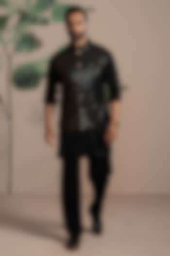 Black Sequins & Cotton Satin Embroidered Nehru Jacket Set by AJAY KMR at Pernia's Pop Up Shop