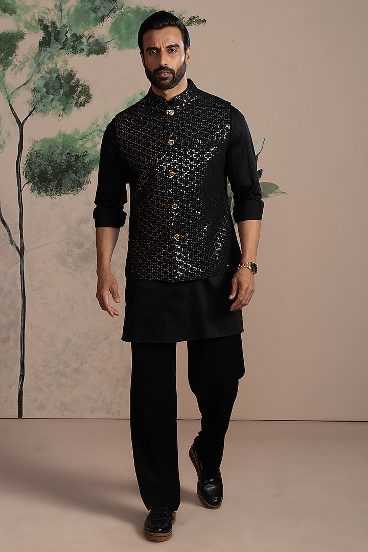 Black Sequins & Cotton Satin Embroidered Nehru Jacket Set by AJAY KMR at Pernia's Pop Up Shop