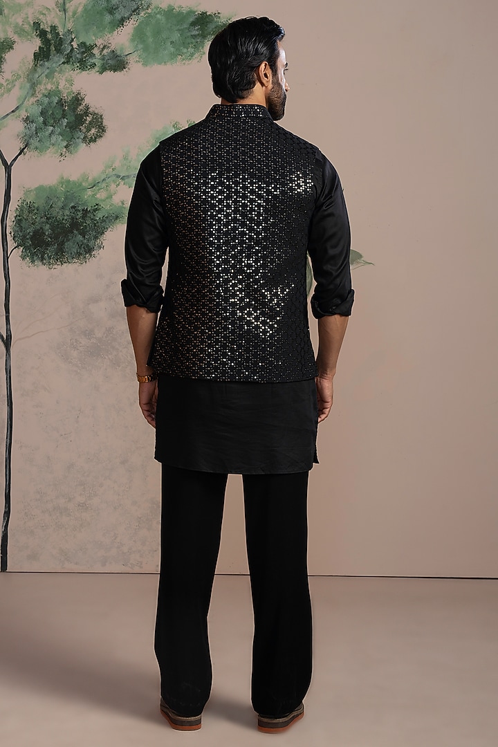 Black Sequins & Cotton Satin Embroidered Nehru Jacket Set by AJAY KMR at Pernia's Pop Up Shop