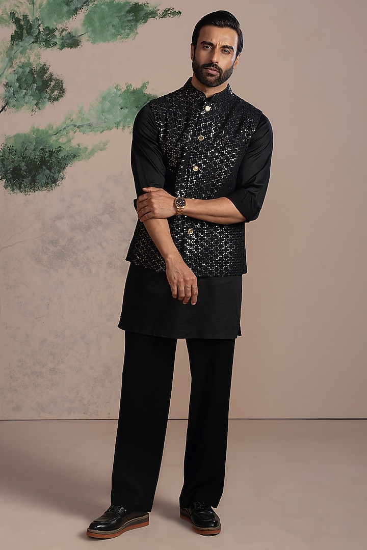 Black Sequins & Cotton Satin Embroidered Nehru Jacket Set by AJAY KMR at Pernia's Pop Up Shop