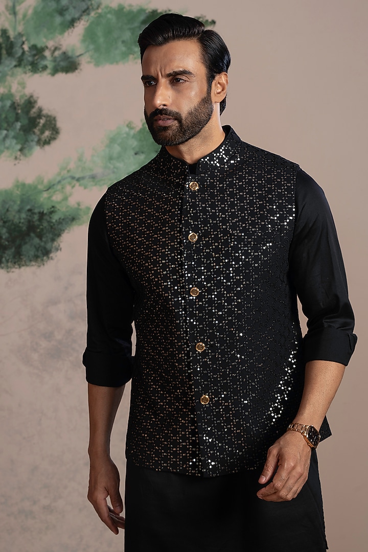 Black Sequins & Cotton Satin Embroidered Nehru Jacket Set by AJAY KMR at Pernia's Pop Up Shop