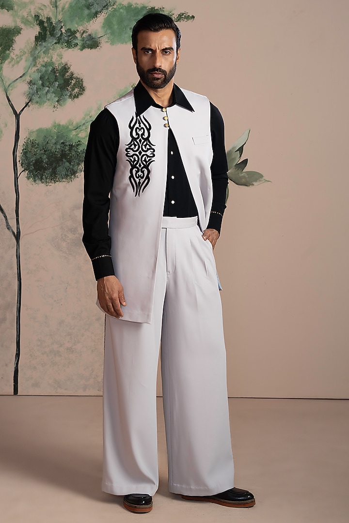 Black & Grey Armani Suiting Embroidered Indo-Western Set by AJAY KMR at Pernia's Pop Up Shop