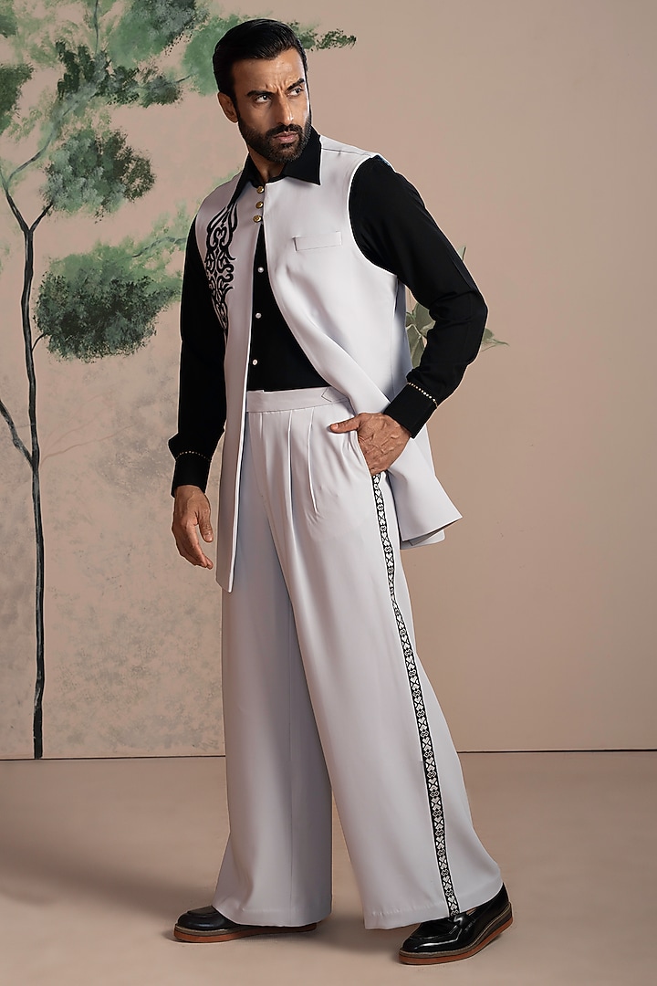 Black & Grey Armani Suiting Embroidered Indo-Western Set by AJAY KMR at Pernia's Pop Up Shop
