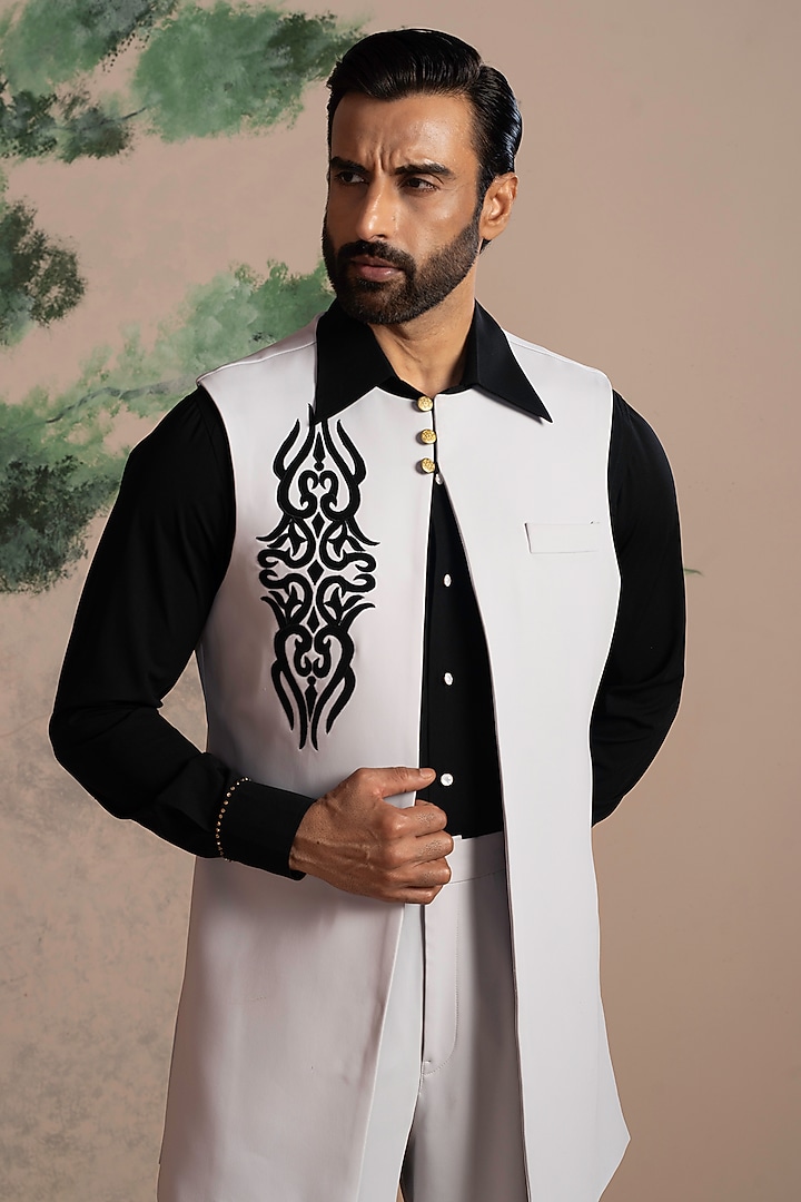 Black & Grey Armani Suiting Embroidered Indo-Western Set by AJAY KMR at Pernia's Pop Up Shop