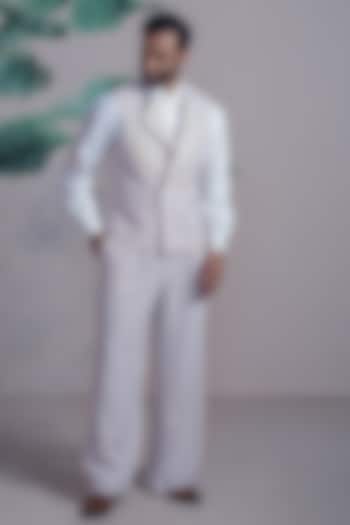 Beige & White Armani Suiting Embellished Waistcoat Set by AJAY KMR at Pernia's Pop Up Shop