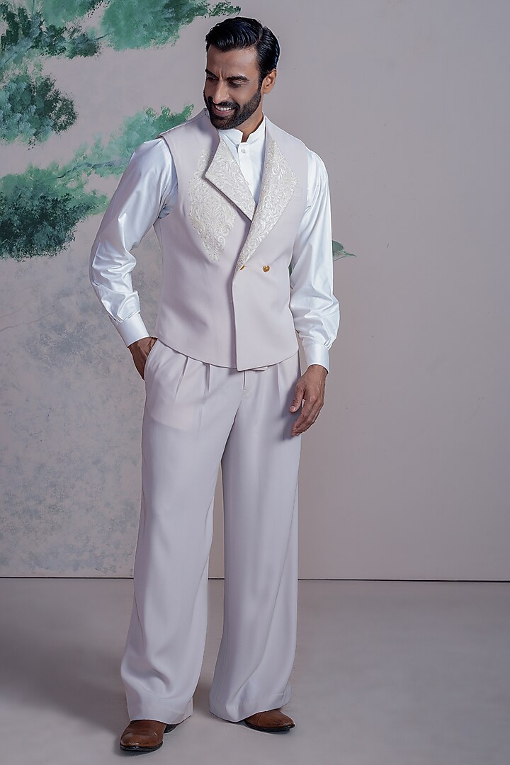 Beige & White Armani Suiting Embellished Waistcoat Set by AJAY KMR at Pernia's Pop Up Shop