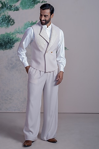 Beige & White Armani Suiting Embellished Waistcoat Set by AJAY KMR