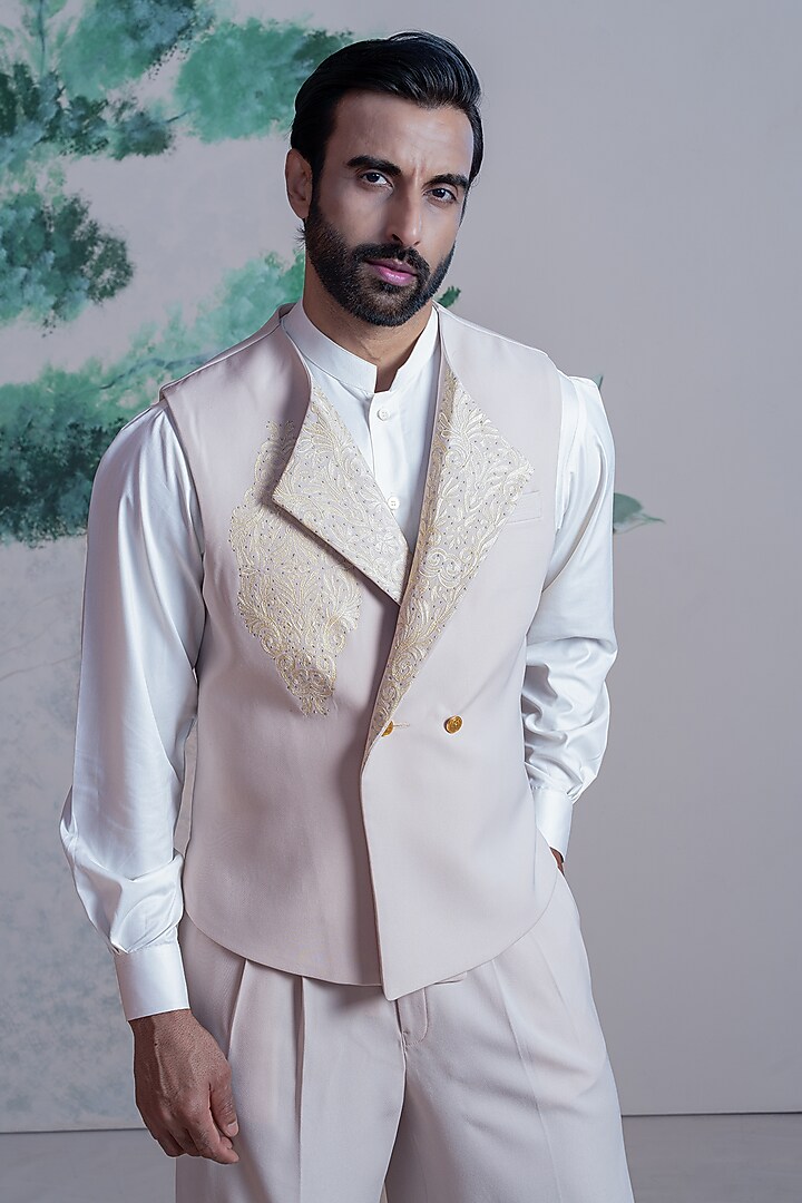 Beige & White Armani Suiting Embellished Waistcoat Set by AJAY KMR at Pernia's Pop Up Shop