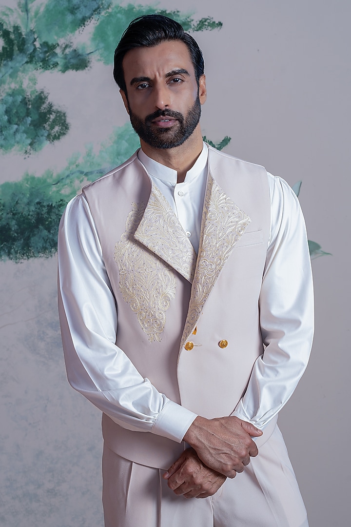 Beige & White Armani Suiting Embellished Waistcoat Set by AJAY KMR at Pernia's Pop Up Shop