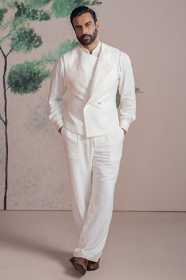 Ivory & White Cotton Double Muslin Embroidered Jacket Set by AJAY KMR at Pernia's Pop Up Shop