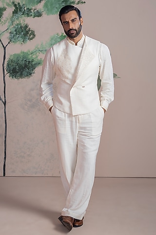 Ivory & White Cotton Double Muslin Embroidered Jacket Set by AJAY KMR