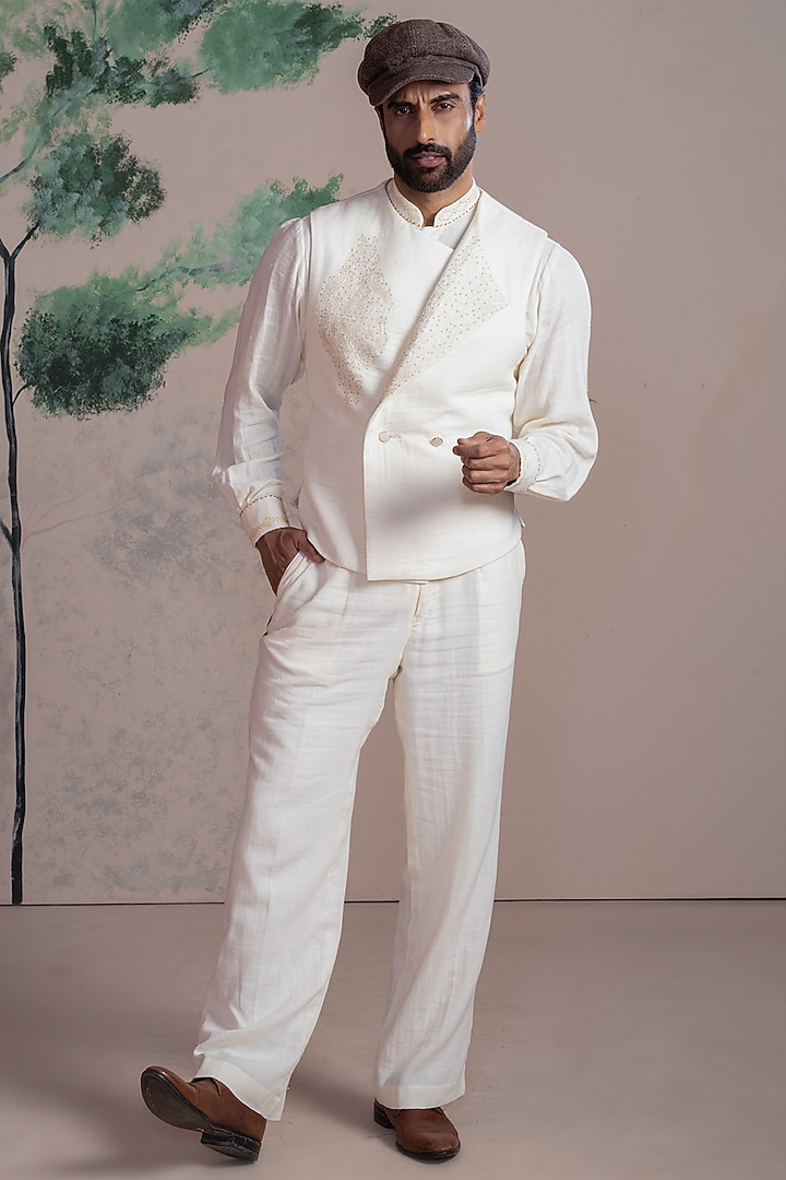 Ivory & White Cotton Double Muslin Embroidered Jacket Set by AJAY KMR at Pernia's Pop Up Shop