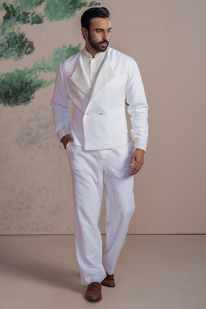 White Cotton Double Muslin Embroidered Jacket Set by AJAY KMR at Pernia's Pop Up Shop