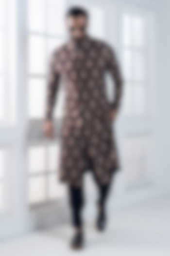 Navy Blue Viscose Printed layered Jacket Set by AJAY KMR at Pernia's Pop Up Shop