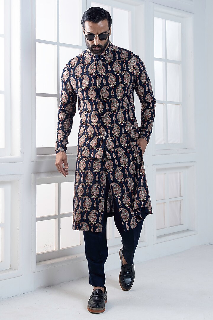 Navy Blue Viscose Printed layered Jacket Set by AJAY KMR at Pernia's Pop Up Shop