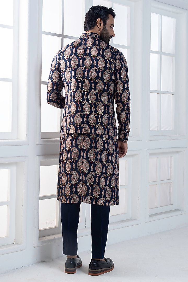 Navy Blue Viscose Printed layered Jacket Set by AJAY KMR at Pernia's Pop Up Shop