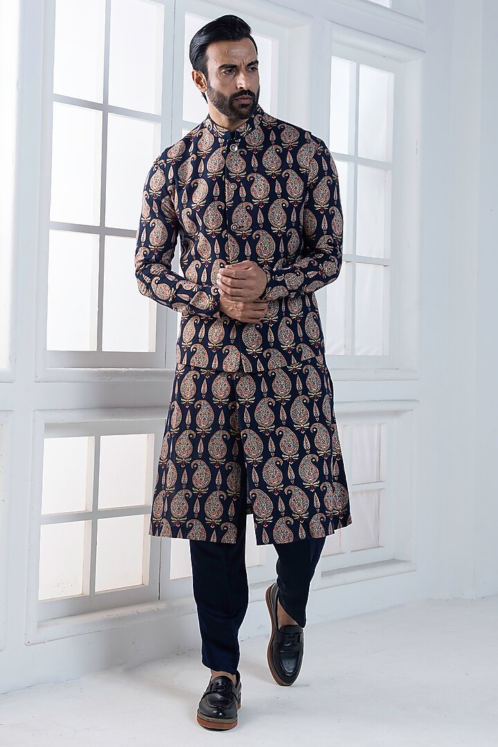 Navy Blue Viscose Printed layered Jacket Set by AJAY KMR at Pernia's Pop Up Shop