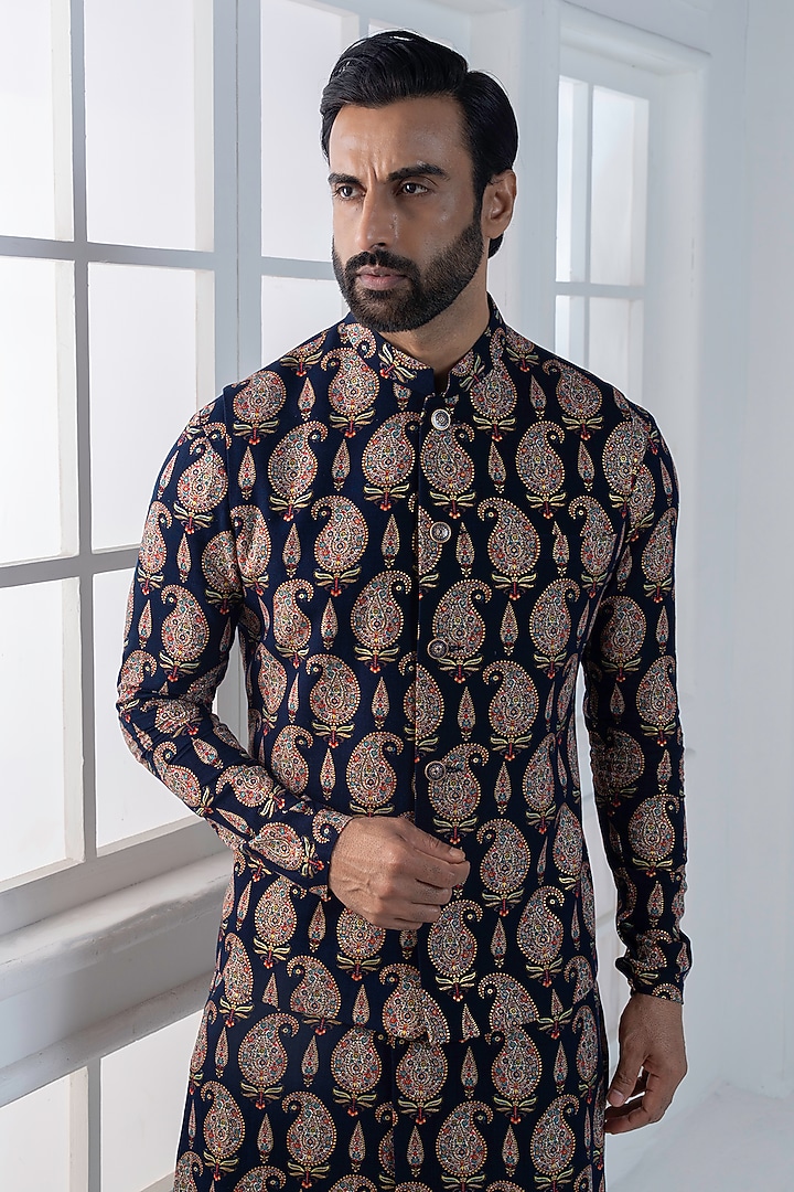 Navy Blue Viscose Printed layered Jacket Set by AJAY KMR at Pernia's Pop Up Shop