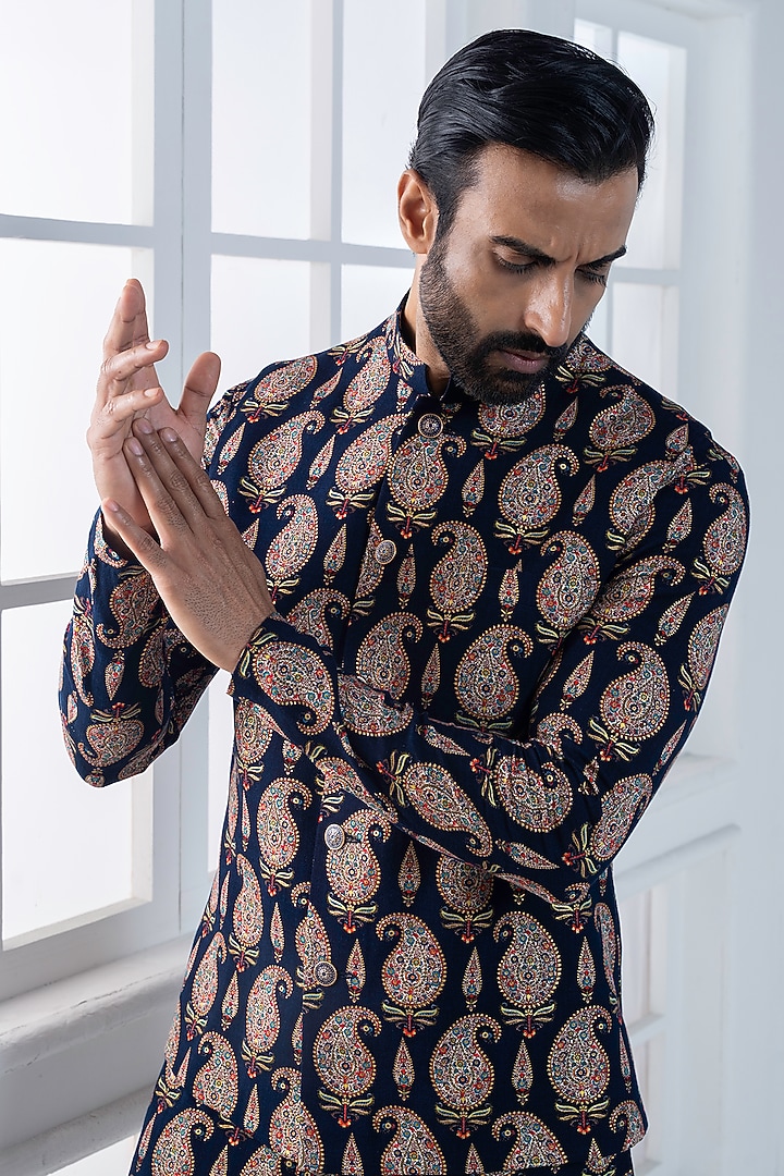 Navy Blue Viscose Printed layered Jacket Set by AJAY KMR at Pernia's Pop Up Shop