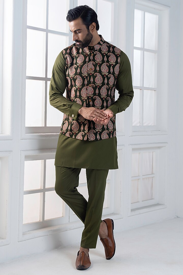 Green Viscose Digital Printed Nehru Jacket Set by AJAY KMR at Pernia's Pop Up Shop