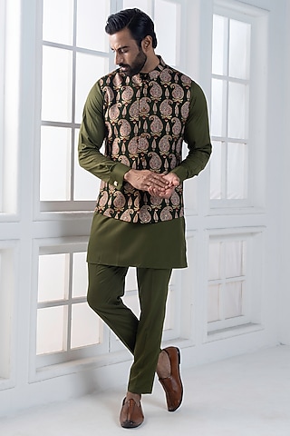 Green Viscose Digital Printed Nehru Jacket Set by AJAY KMR