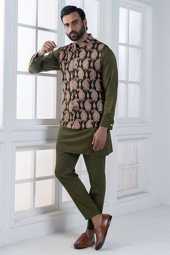 Green Viscose Digital Printed Nehru Jacket Set by AJAY KMR at Pernia's Pop Up Shop