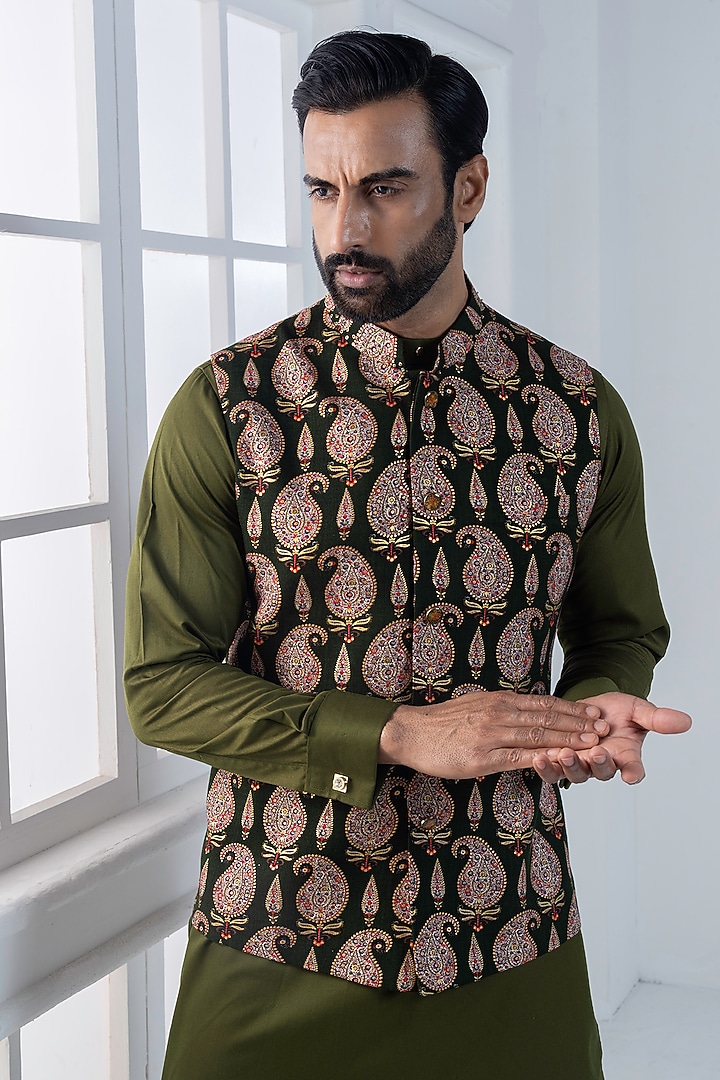 Green Viscose Digital Printed Nehru Jacket Set by AJAY KMR at Pernia's Pop Up Shop