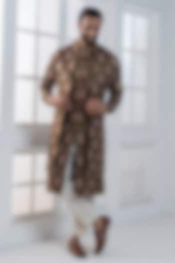 Olive Green Viscose Printed Layered Jacket Set by AJAY KMR at Pernia's Pop Up Shop